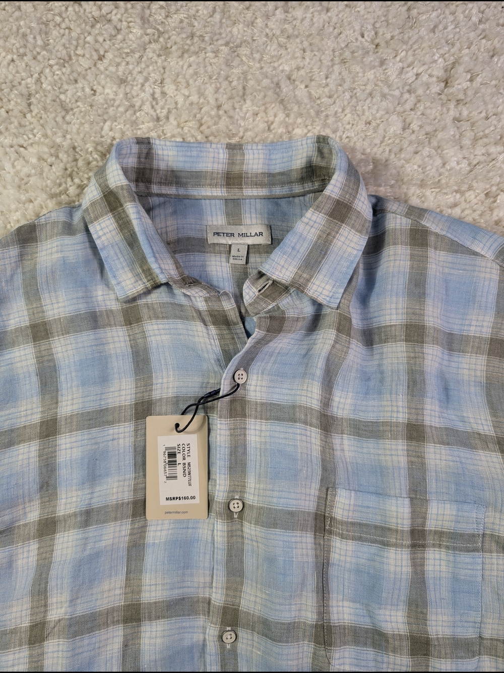 Peter Millar Linnen Light Blue & Gray Plaid Casual Button-Down Shirt